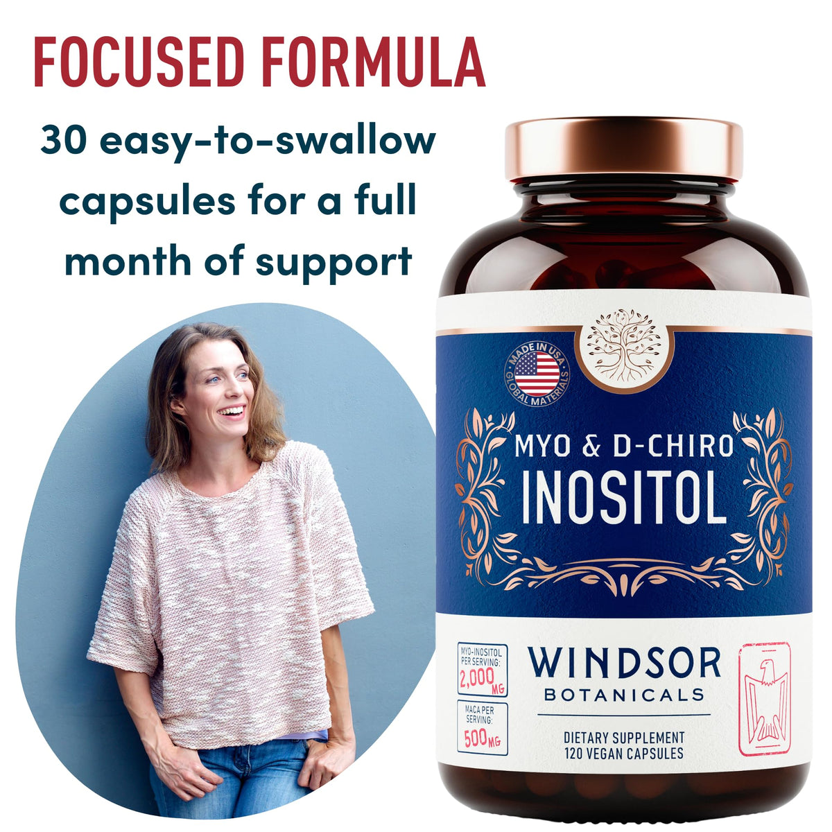 WINDSOR BOTANICALS Myo-Inositol & D-Chiro Inositol capsules side view