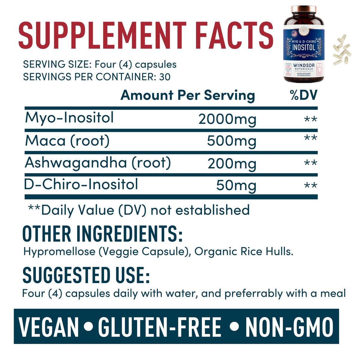WINDSOR BOTANICALS Myo-Inositol & D-Chiro Inositol vegan capsules close-up