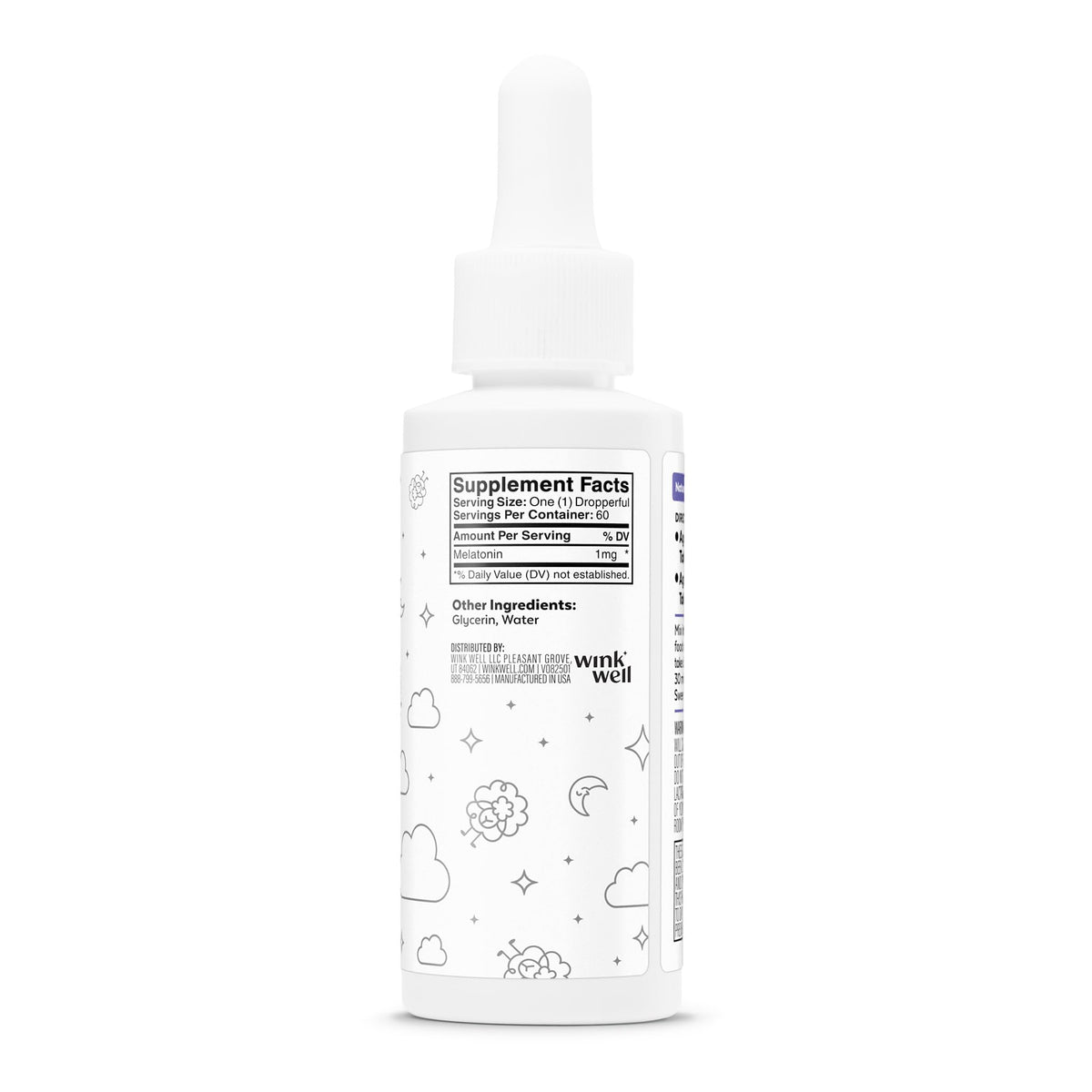Wink Naturals Gouttes de Mélatonine Liquide pour Enfants 1mg arrière du flacon
