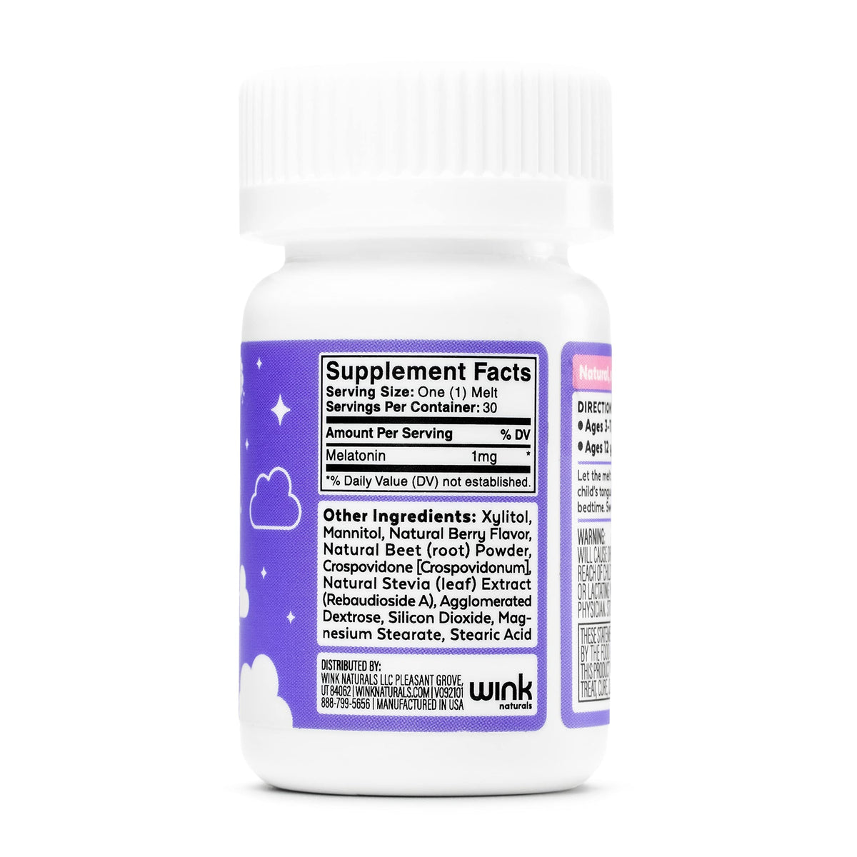 Wink Naturals Melatonin pour enfants 1mg boîte arrière