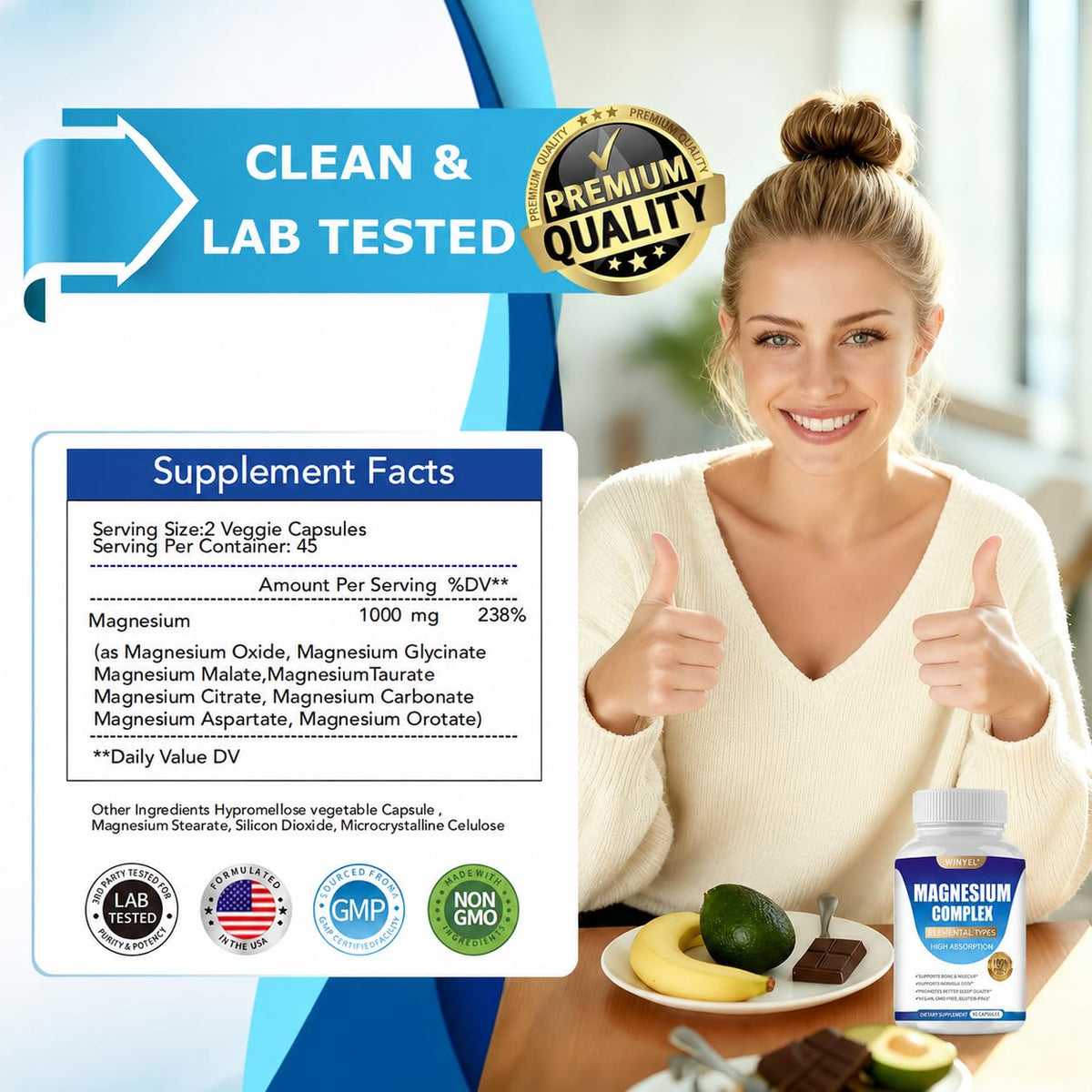 WINYEL Complément Alimentaire Magnésium 1000mg 90 Capsules - Vue de côté