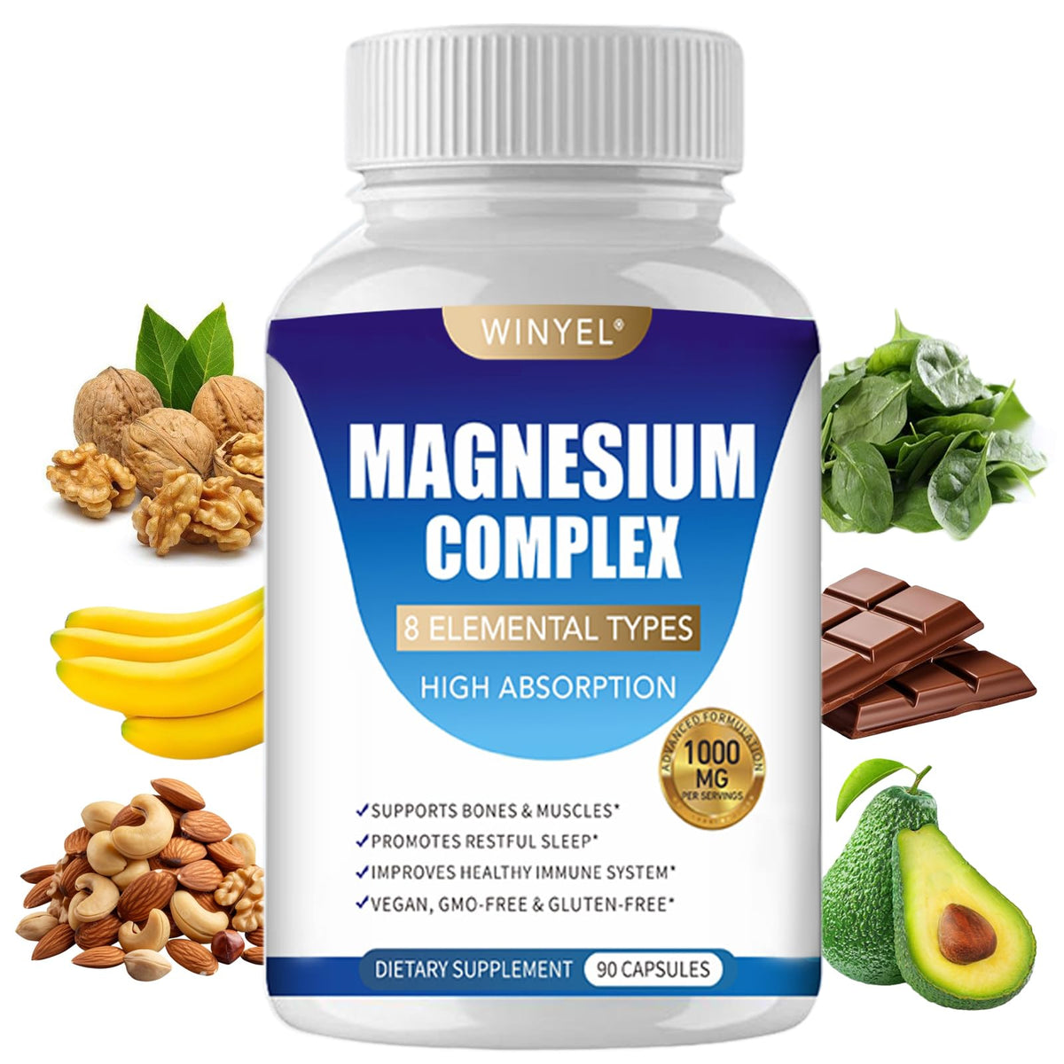 WINYEL Complément Alimentaire Magnésium 1000mg 90 Capsules - Vue de face