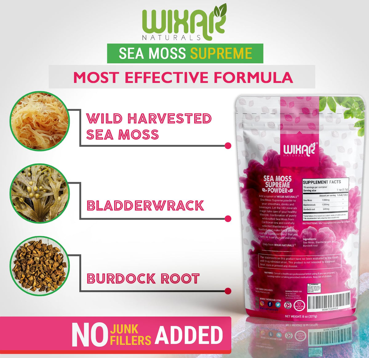 WIXAR NATURALS Poudre d'Irish Sea Moss 240g à côté d'ingrédients naturels