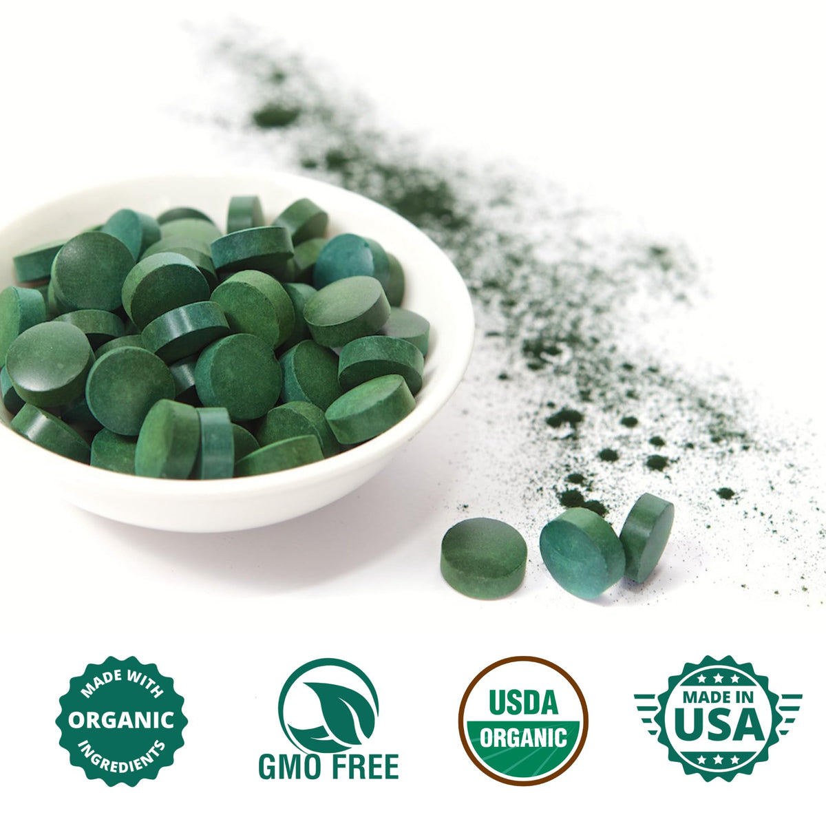 Wizelephant Tablettes de Spiruline et Chlorelle Bio - prise de vue en gros plan