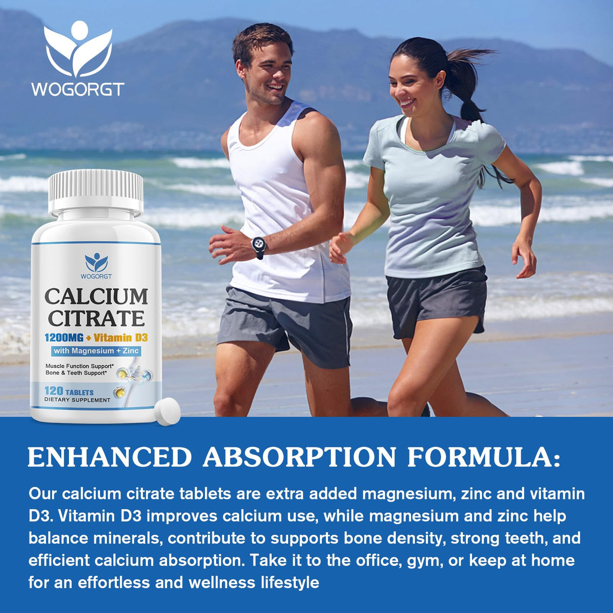 WOGORGT Calcium Citrate 1200mg comprimés dans un verre d'eau