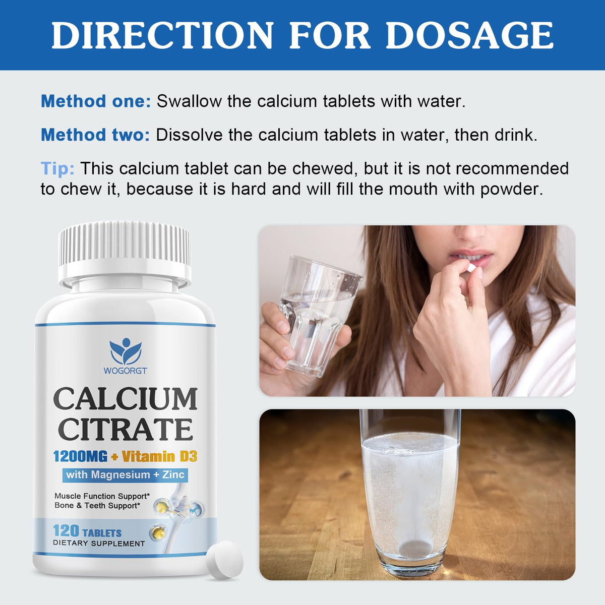 WOGORGT Calcium Citrate 1200mg comprimés dans une main