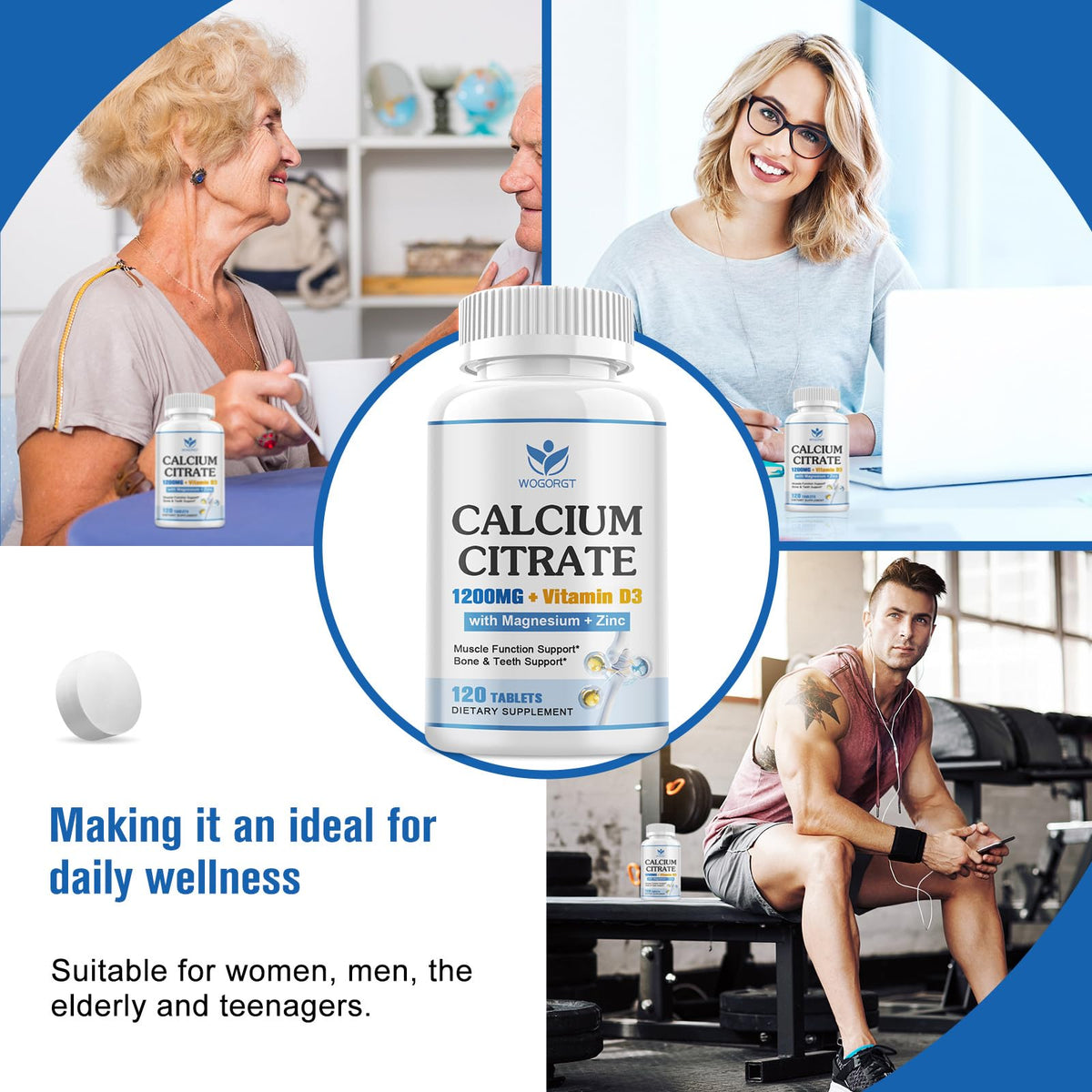 WOGORGT Calcium Citrate 1200mg comprimés sur une table