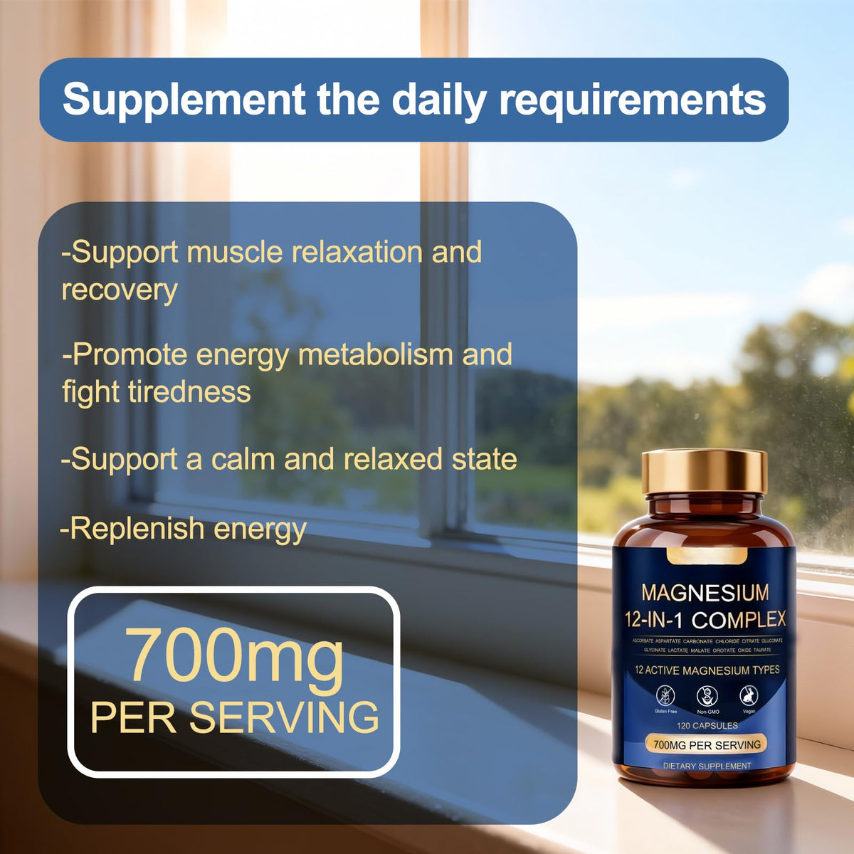 WOJJ Complexe Magnésium 12-en-1 700mg capsules sur une table