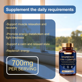 WOJJ Complexe Magnésium 12-en-1 700mg capsules sur une table