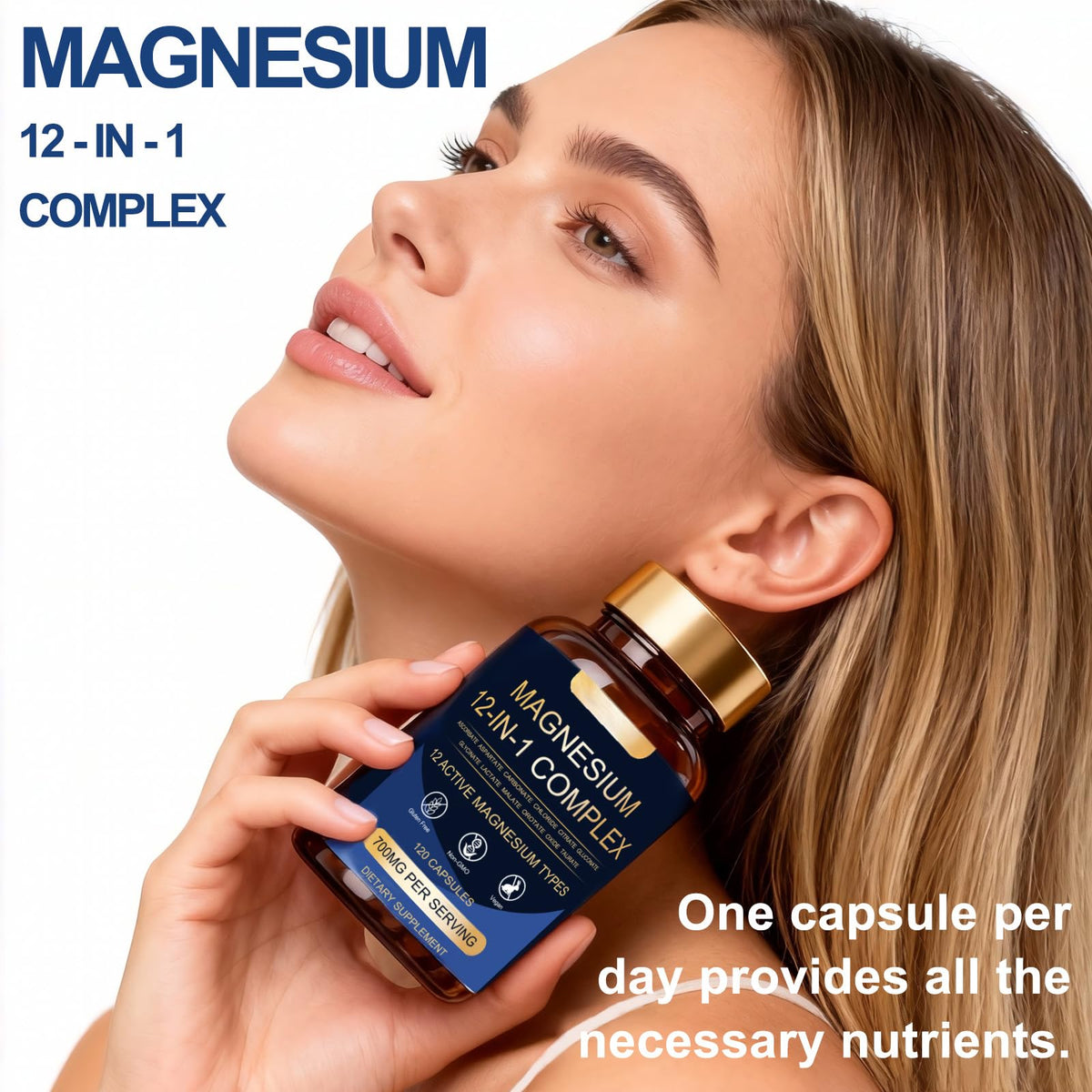 WOJJ Complexe Magnésium 12-en-1 700mg près d'un verre d'eau