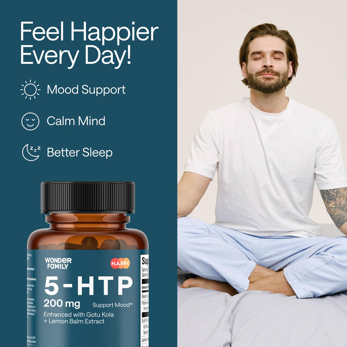 WONDER FAMILY 5-HTP 200mg capsules sur une table