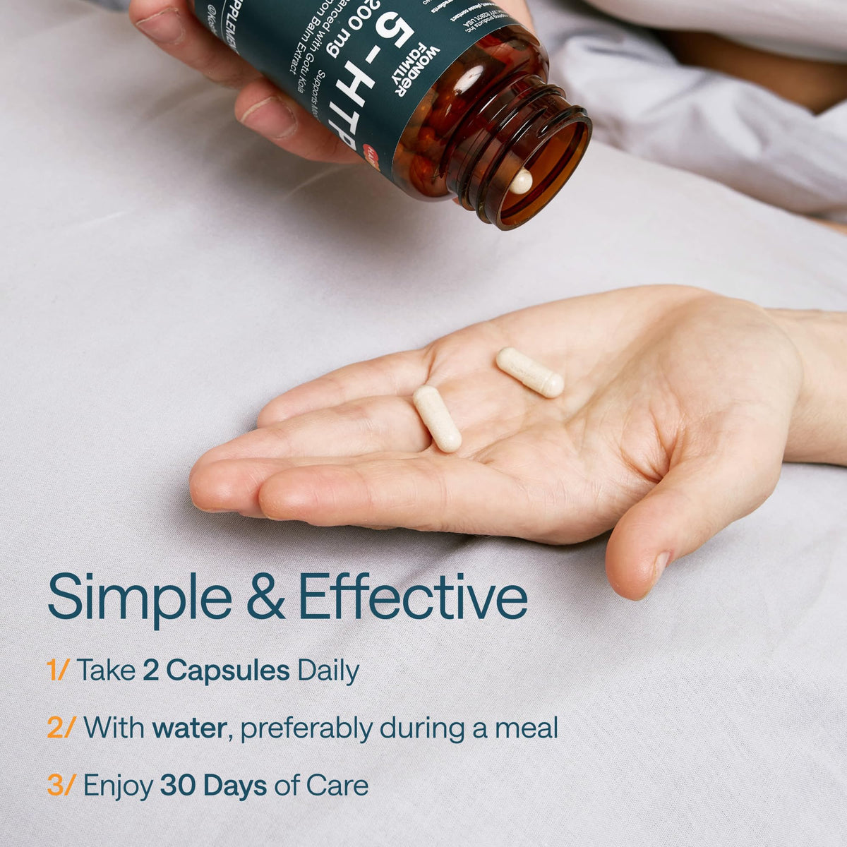 WONDER FAMILY 5-HTP 200mg sur une surface en bois