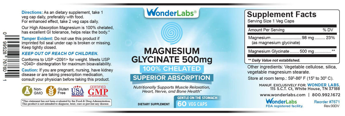 Wonder Laboratories Glycinate de Magnésium 500mg sur fond blanc
