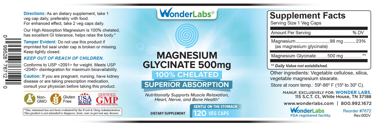 Wonder Laboratories Magnésium Glycinate 500mg sur un fond de table en bois