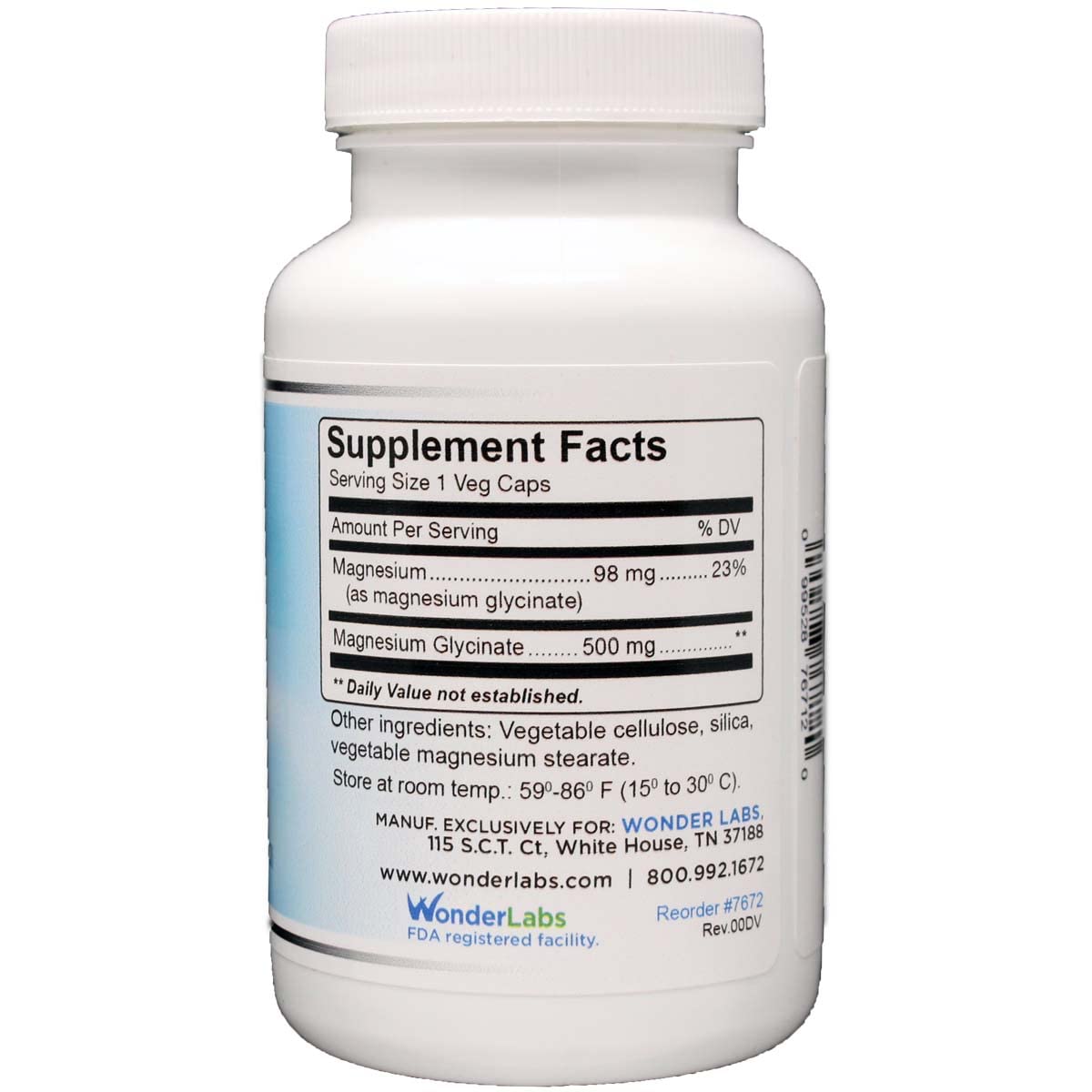 Wonder Laboratories Magnésium Glycinate 500mg vue arrière avec étiquette