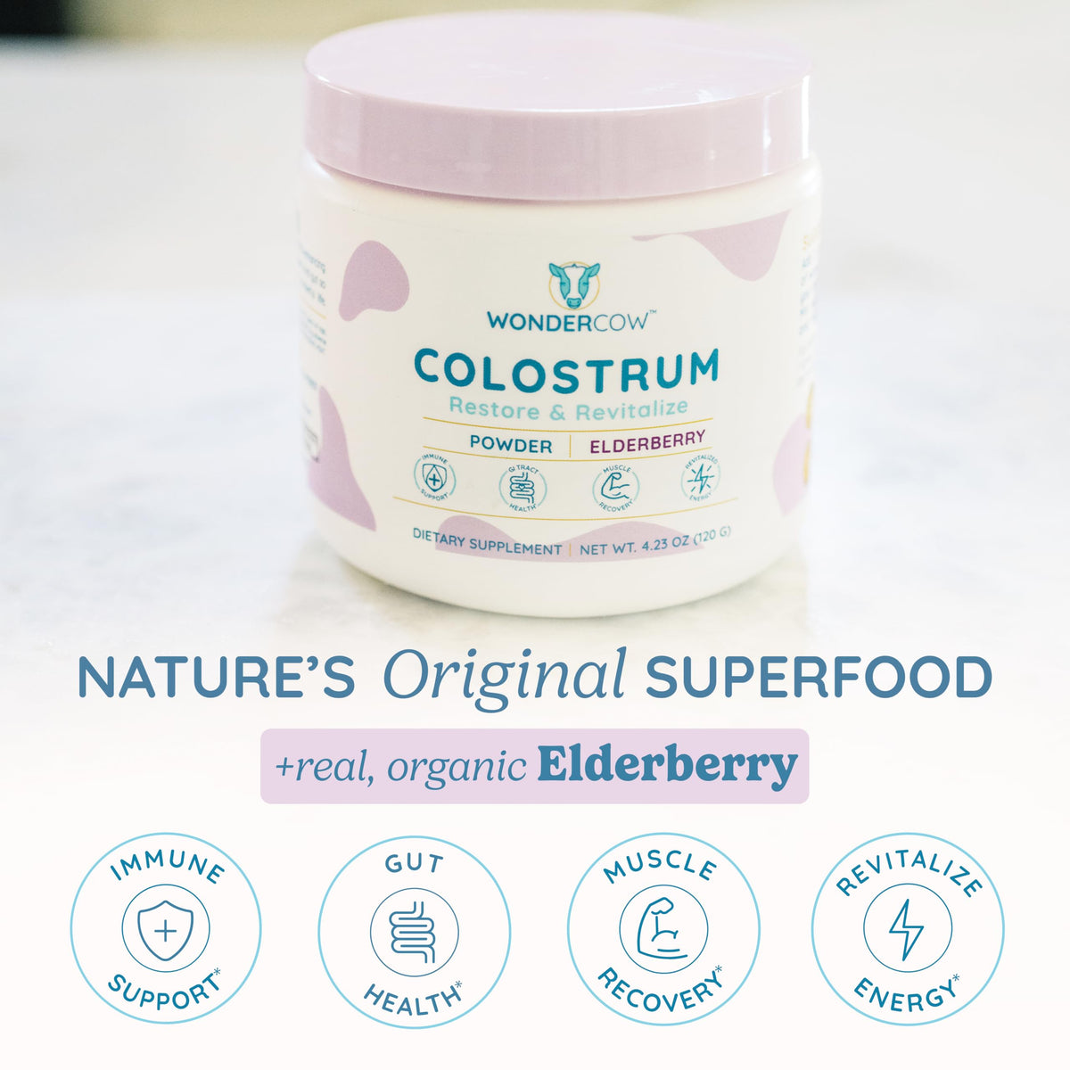 WONDERCOW poudre de colostrum avec sureau en arrière-plan