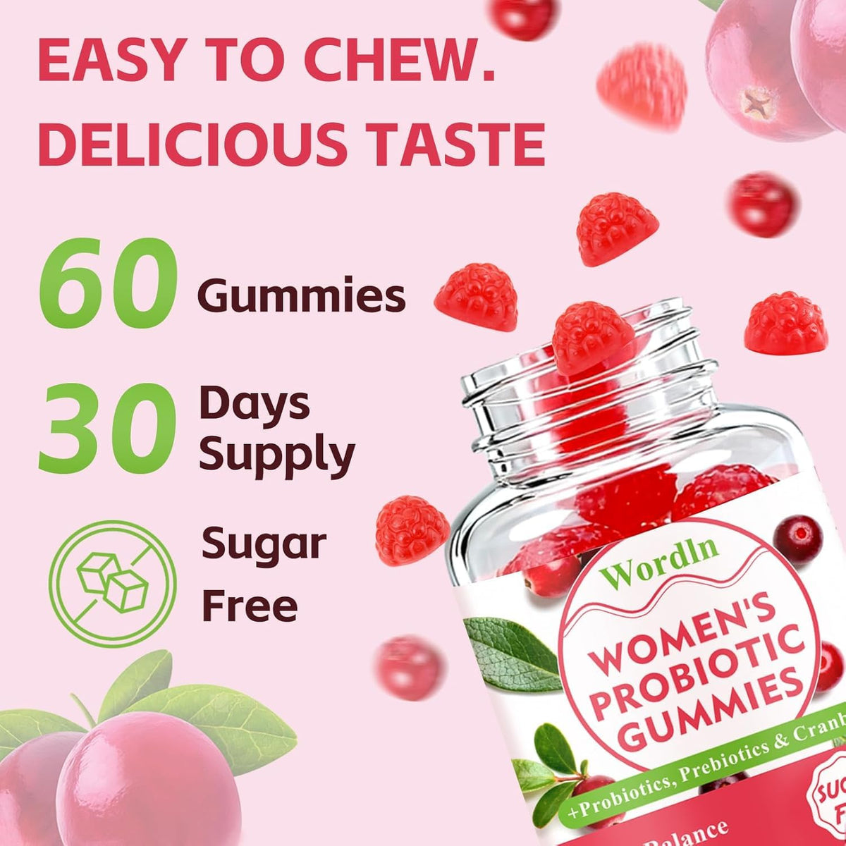 Wordln Gummies Probiotiques Femmes, Flacon avec étiquette visible