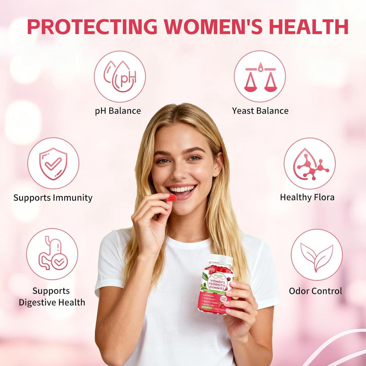 Wordln Gummies Probiotiques Femmes, Gummies sur une surface en bois