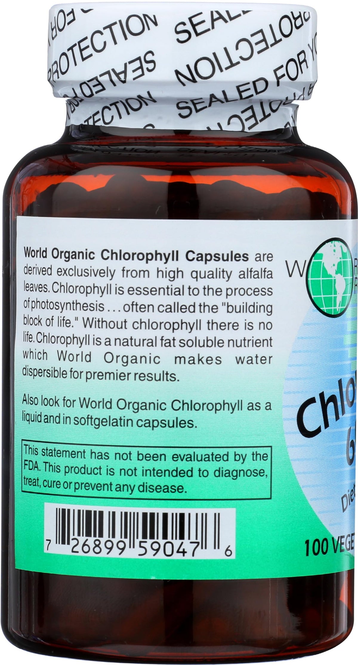 World Organic Chlorophylle 100 mg 60 Capsules à côté d'un verre d'eau