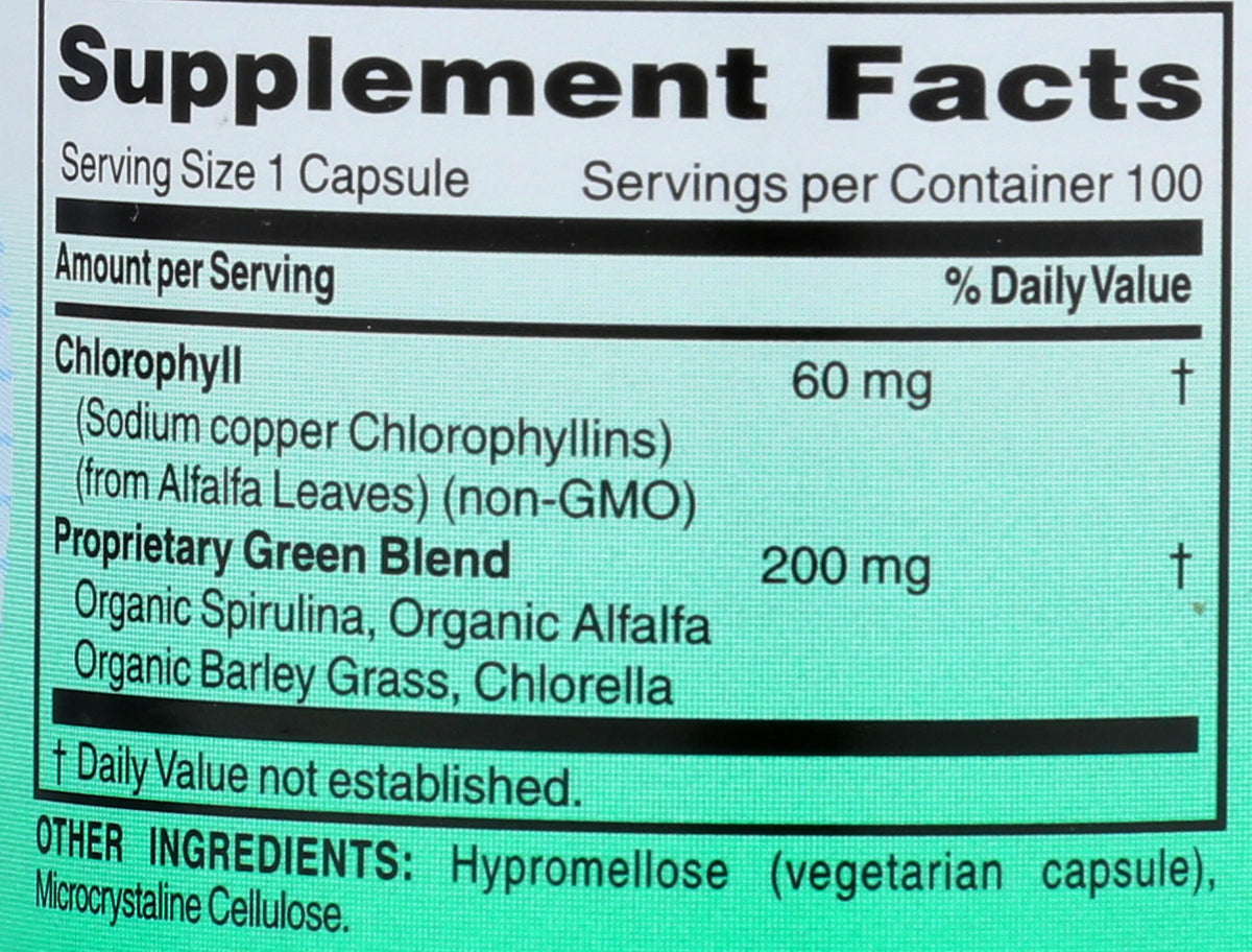 World Organic Chlorophylle 100 mg 60 Capsules avec une main