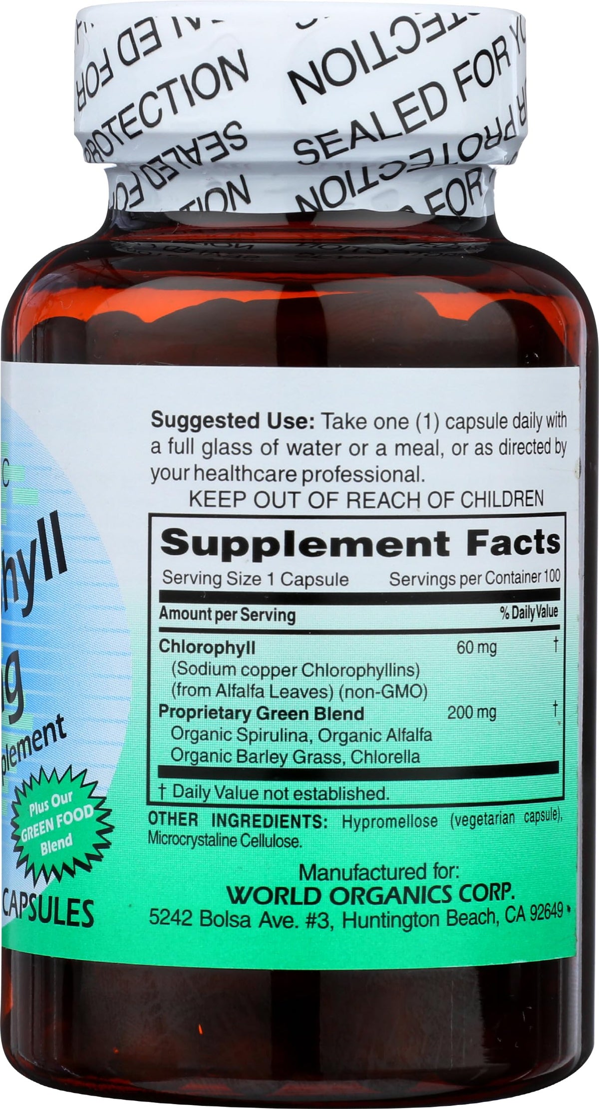 World Organic Chlorophylle 100 mg 60 Capsules en gros plan