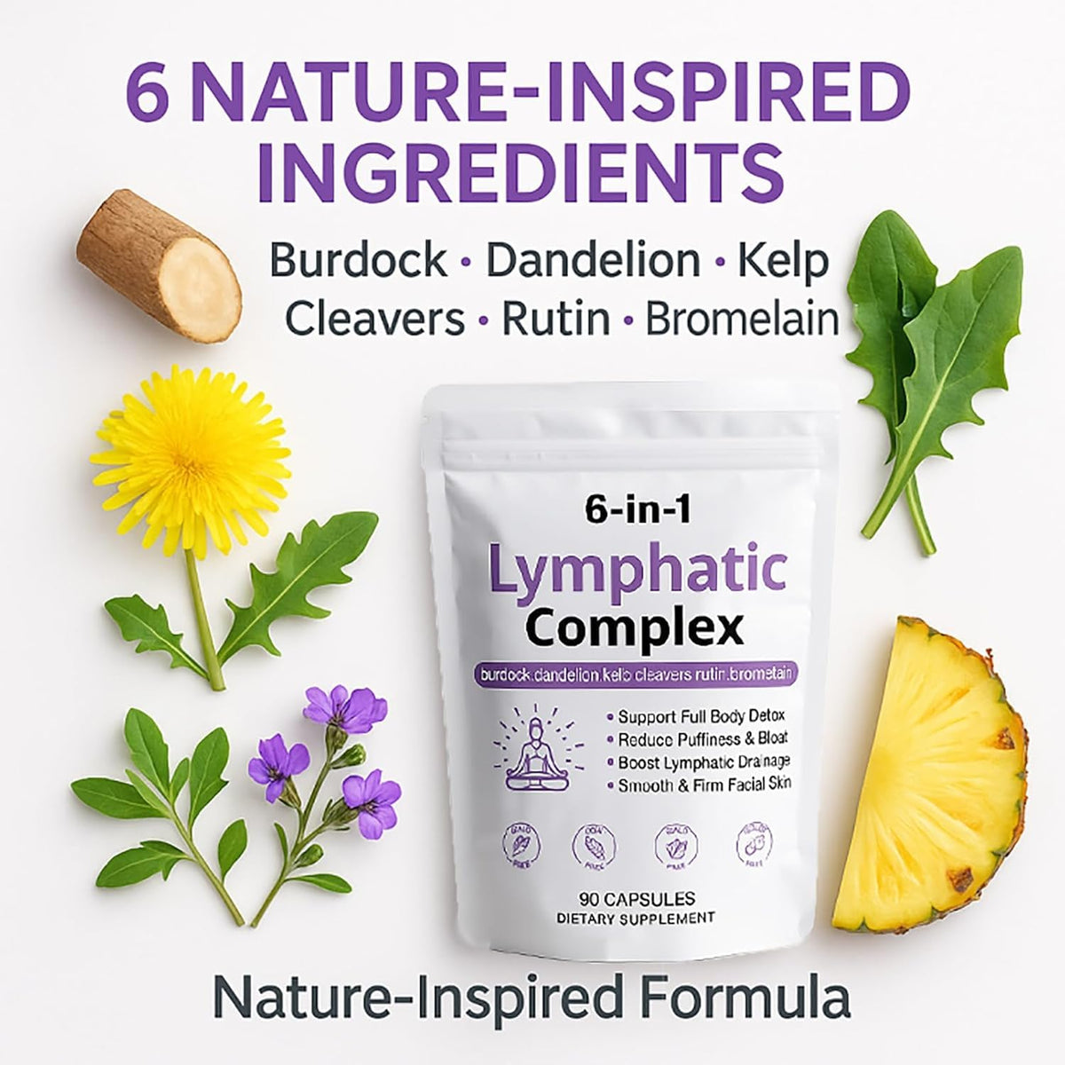 WXDOAU Complexe Lymphatique 6-en-1 avec ingrédients naturels en arrière-plan