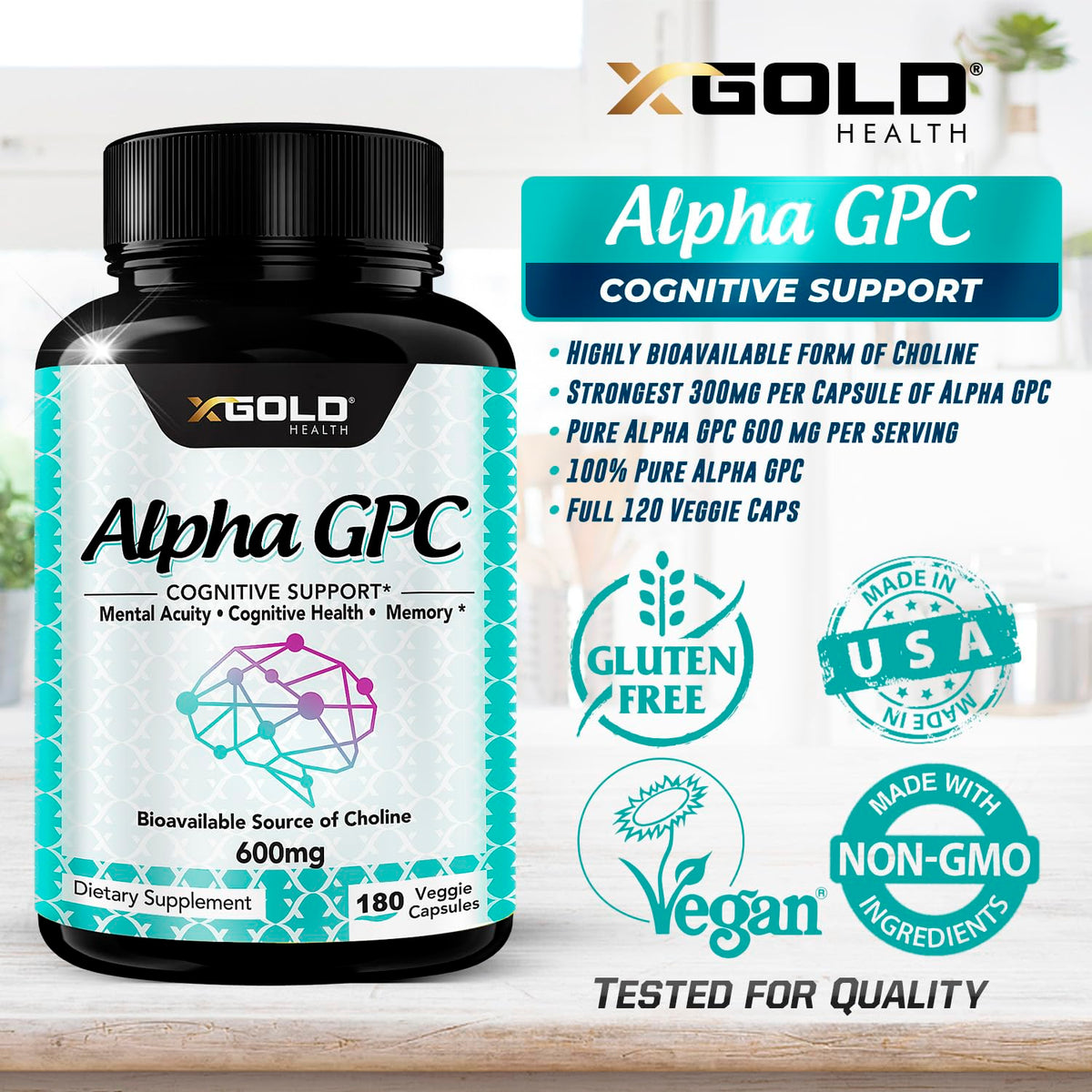 X Gold Health Alpha GPC 600mg capsules close-up