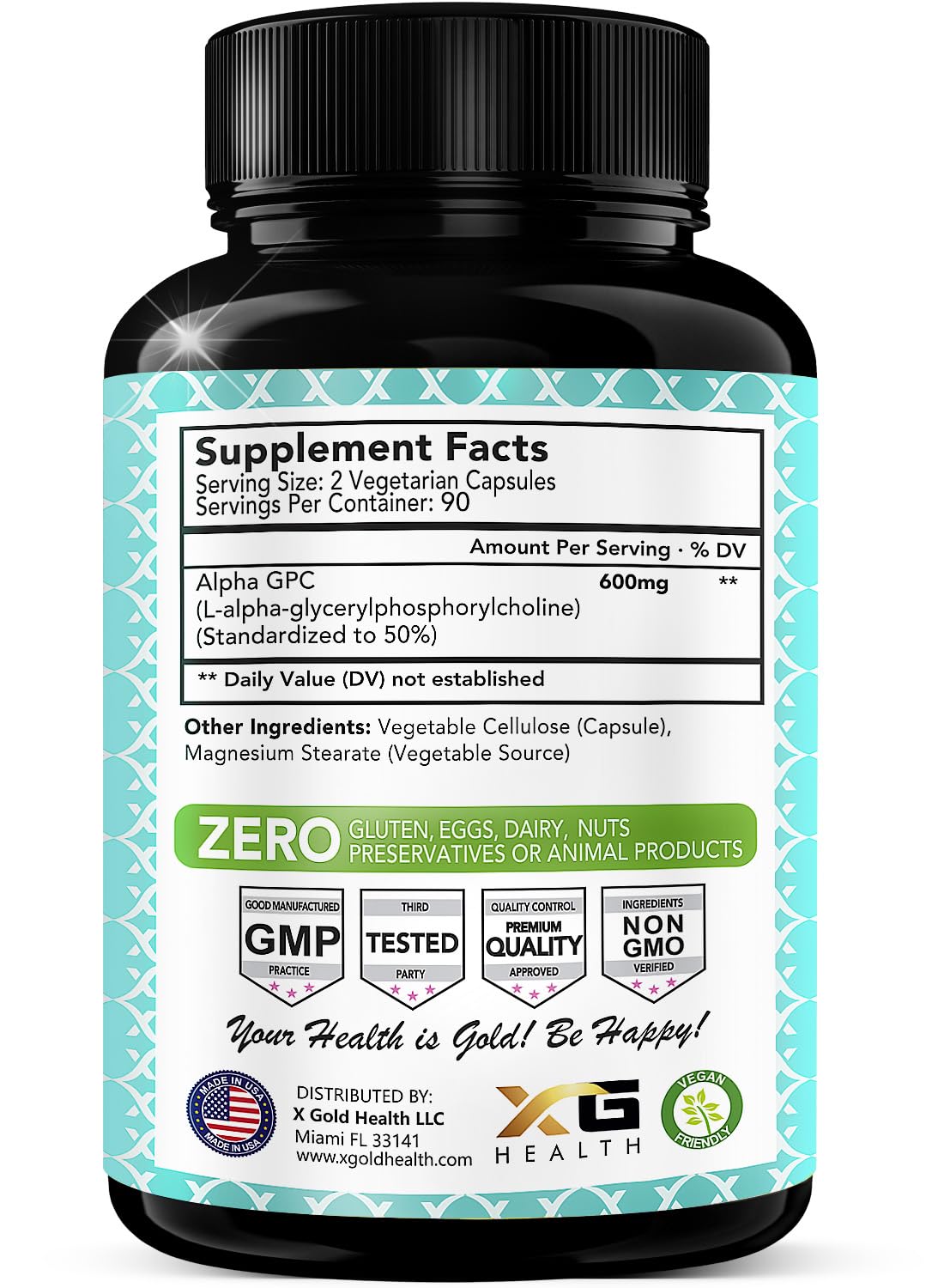 X Gold Health Alpha GPC 600mg supplement bottle side view