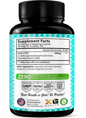 X Gold Health Alpha GPC 600mg supplement bottle side view
