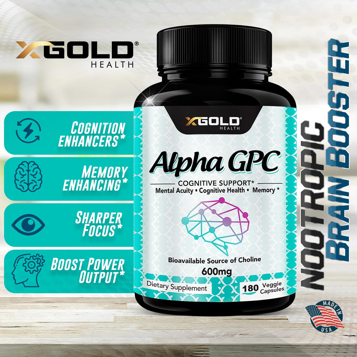 X Gold Health Alpha GPC Choline 600mg capsules in hand