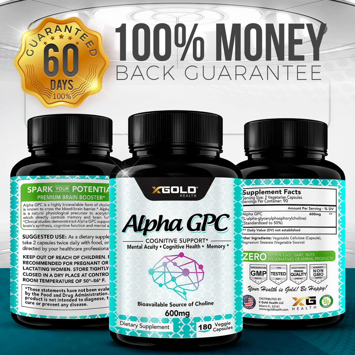 X Gold Health Alpha GPC Choline 600mg product features