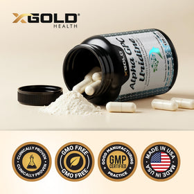 X Gold Health Alpha GPC + Uridine 900mg, capsules sur une table
