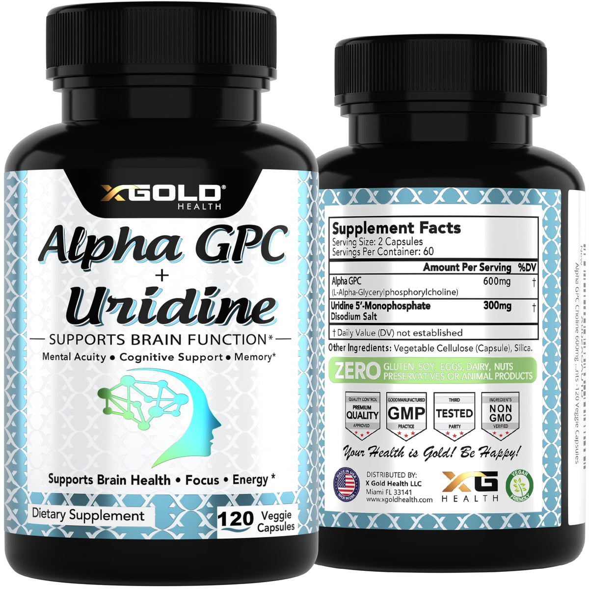X Gold Health Alpha GPC + Uridine 900mg, flacon ouvert avec capsules visibles