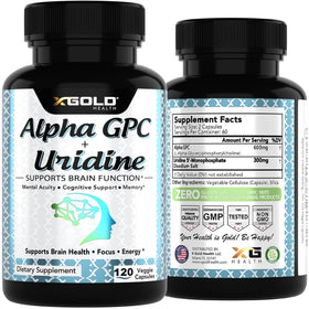 X Gold Health Alpha GPC + Uridine 900mg, flacon ouvert avec capsules visibles