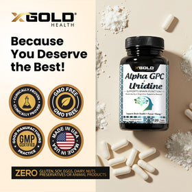 X Gold Health Alpha GPC + Uridine 900mg, vue de l'arrière du flacon