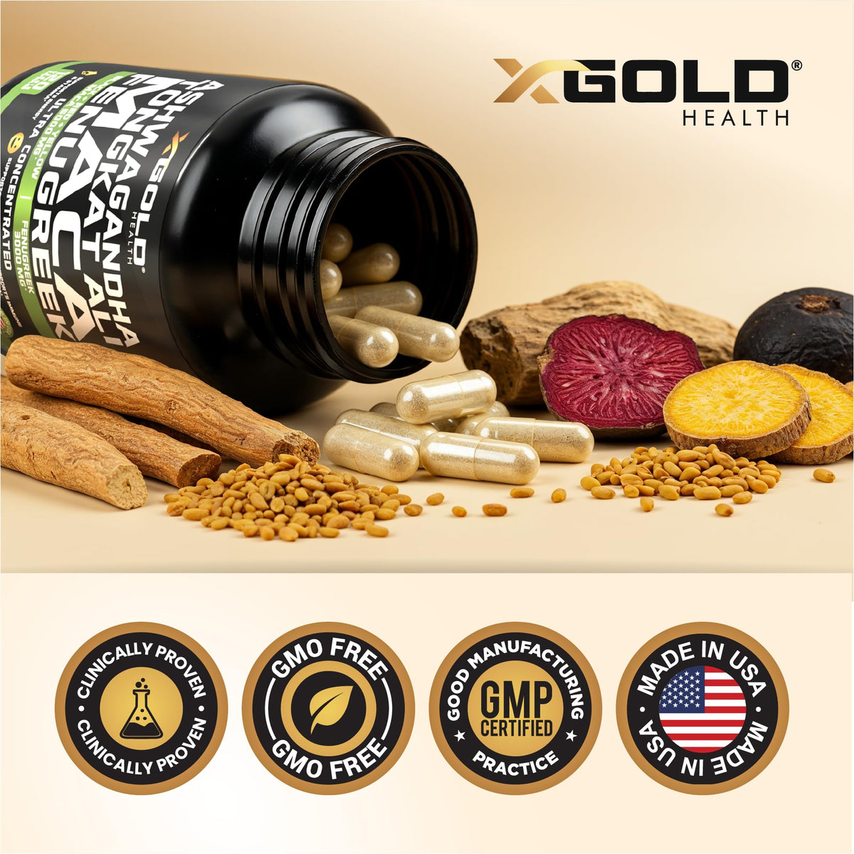 X Gold Health Complément Alimentaire Ashwagandha 30:1, Maca, Fenugrec - capsules