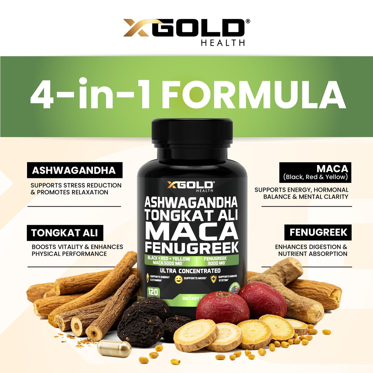 X Gold Health Complément Alimentaire Ashwagandha 30:1, Maca, Fenugrec - étiquette