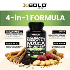 X Gold Health Complément Alimentaire Ashwagandha 30:1, Maca, Fenugrec - étiquette