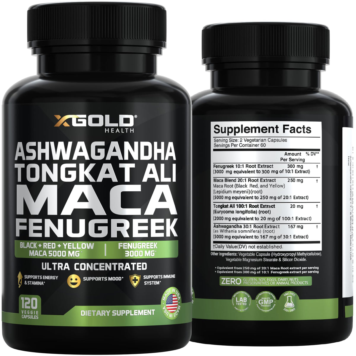 X Gold Health Complément Alimentaire Ashwagandha 30:1, Maca, Fenugrec - informations nutritionnelles