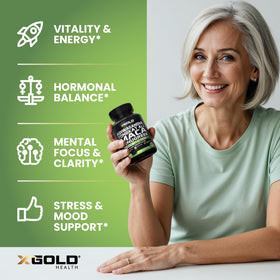 X Gold Health Complément Alimentaire Ashwagandha 30:1, Maca, Fenugrec - mise en scène sur une table