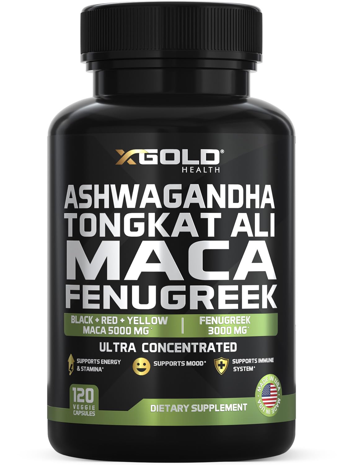X Gold Health Complément Alimentaire Ashwagandha 30:1, Maca, Fenugrec - vue de face