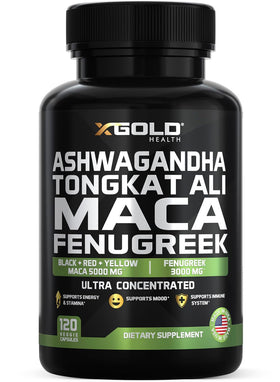X Gold Health Complément Alimentaire Ashwagandha 30:1, Maca, Fenugrec - vue de face
