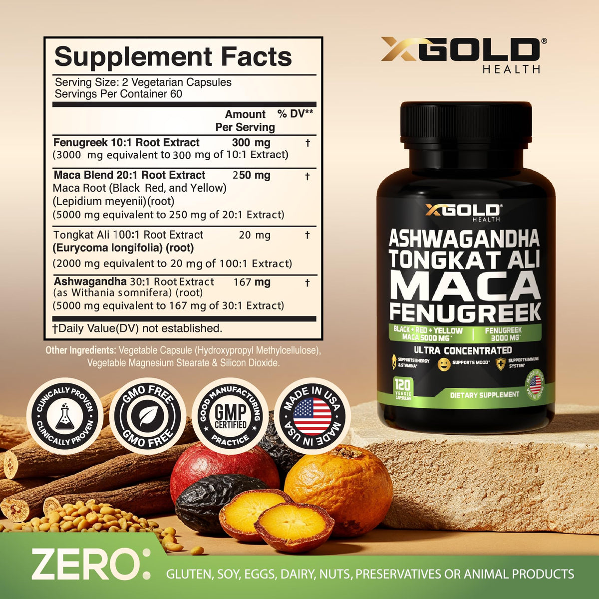 X Gold Health Complément Alimentaire Ashwagandha 30:1, Maca, Fenugrec - vue arrière