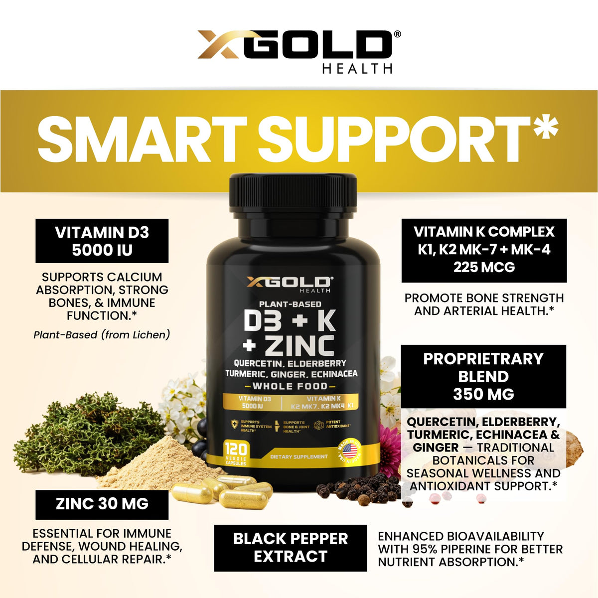 X Gold Health Complément Alimentaire D3 K2 Zinc Quercétine capsules