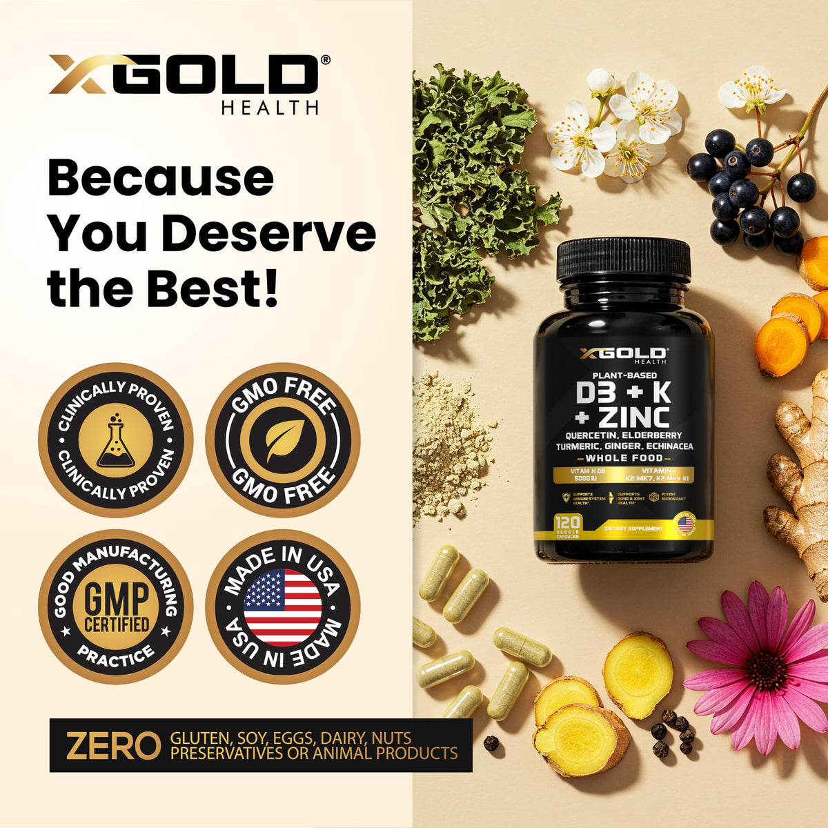 X Gold Health Complément Alimentaire D3 K2 Zinc Quercétine étiquette