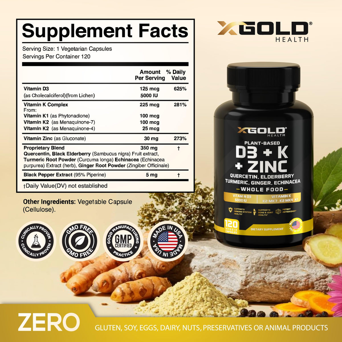 X Gold Health Complément Alimentaire D3 K2 Zinc Quercétine vue de dos