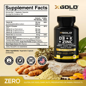 X Gold Health Complément Alimentaire D3 K2 Zinc Quercétine vue de dos