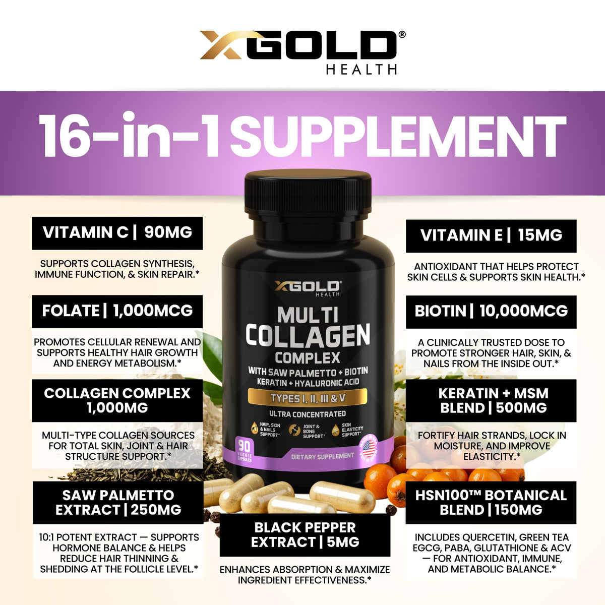 X Gold Health Complément Alimentaire Multivitamines et Collagène 1000 mg - ingrédients de la formule