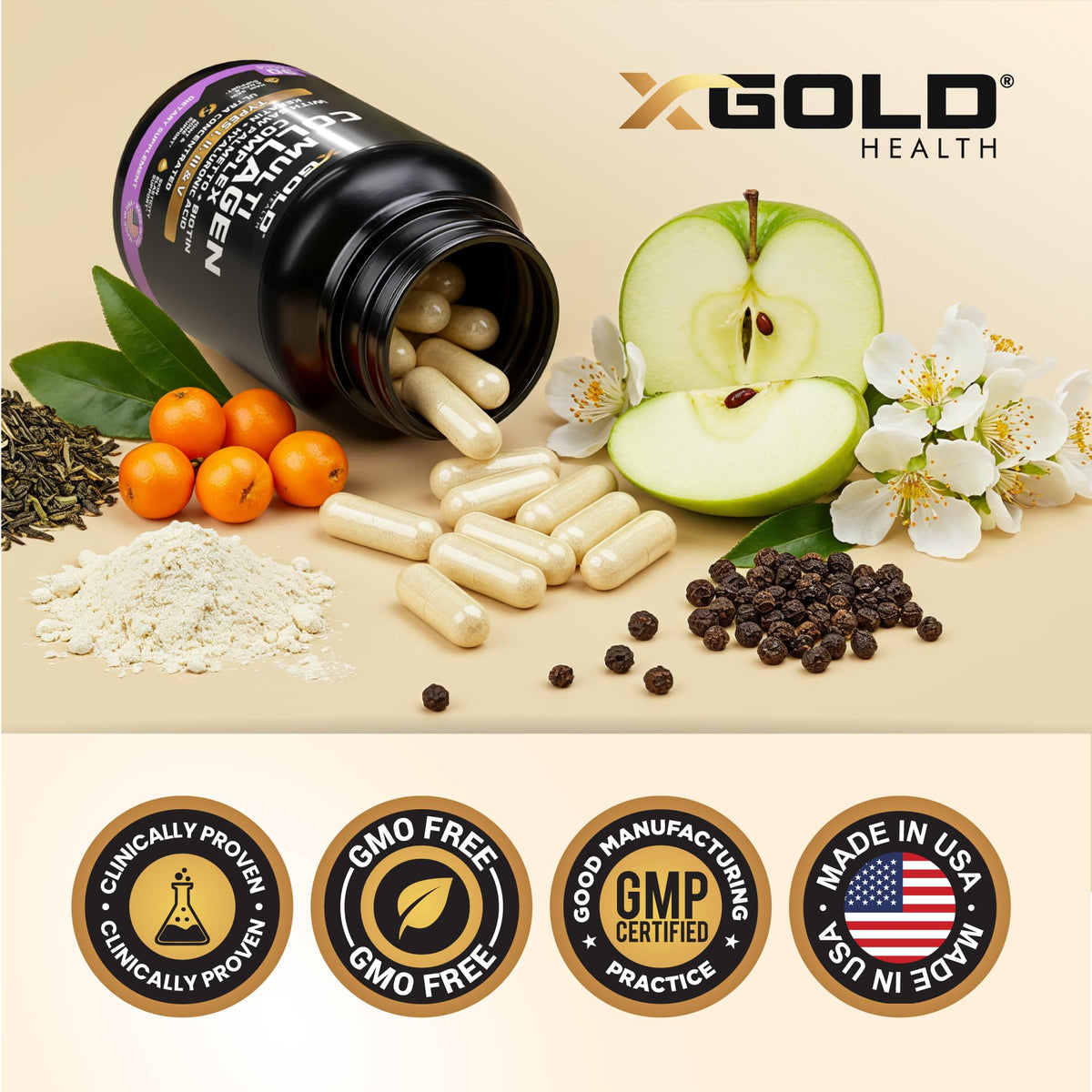 X Gold Health Complément Alimentaire Multivitamines et Collagène 1000 mg - arrière du flacon