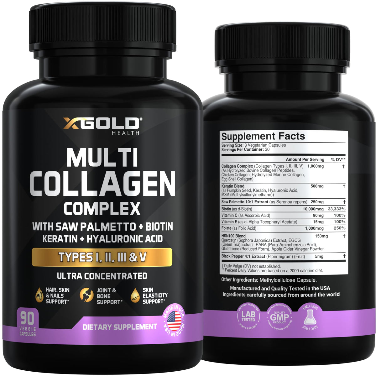 X Gold Health Complément Alimentaire Multivitamines et Collagène 1000 mg - prise quotidienne de gélules